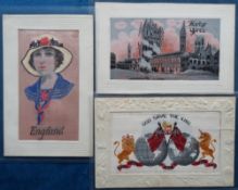 Postcards, Silks, a woven silk selection of 3 cards, 'God Save the King' showing two world globes
