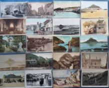 Postcards, Cornwall, 85+ cards, artist drawn, printed and RPs to include villages, towns, street