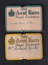 Horse Racing Badges, Royal Ascot, two Royal Enclosure card badges for 1949, ladies & gents examples,