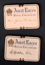 Horse Racing Badges, Royal Ascot, two Royal Enclosure card badges for 1939, ladies & gents examples,