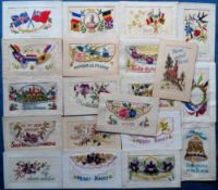 Postcards, Silks, a selection of cards featuring flags, churches, flowers, bell and dragon fly (10