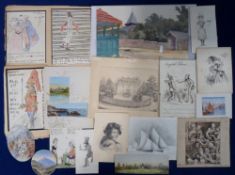 Ephemera, original artwork, 100+ items of Georgian and Victorian pencil sketches, watercolours and