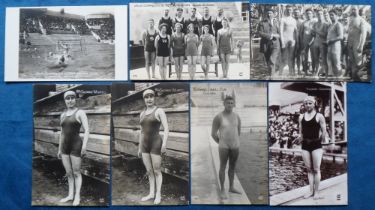 Postcards, Olympics, Paris 1924, seven cards, Swimming RP, Sweden, France Water Polo, Yvonne Godard,