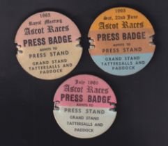 Horse Racing Badges, Royal Ascot, three Royal Ascot Races card Press badges for 1963 (two different)