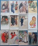 Postcards, Comic, a Lawson Wood illustrated selection of 25 cards, themes include milk delivery,