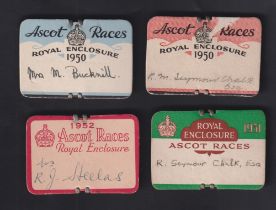 Horse Racing Badges, Royal Ascot, four Royal Enclosure card badges for 1950, ladies & gents examples