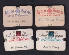 Horse Racing Badges, Royal Ascot, four Royal Enclosure card badges for 1953, ladies & gents examples