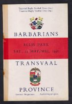 Rugby programme, Transvaal v Barbarians 24 May, 1958, official match programme for game played at