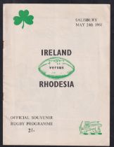 Rugby programme, Rhodesia v Ireland 24 May, 1961, very scarce match programme for game played in