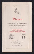 Rugby memorabilia, Pontypool and Cross Keys v South Africa 20 November, 1960 after match dinner menu