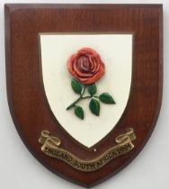 Rugby memorabilia, England Tour of South Africa 1994, wooden plaque, 18.5cms x 16cms (vg) (1)