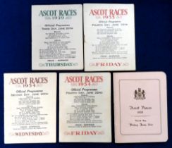 Horse Racing Racecards, Royal Ascot, 5 Pre-War racecards, 2o June 1929, 16 June 1933, 20 June