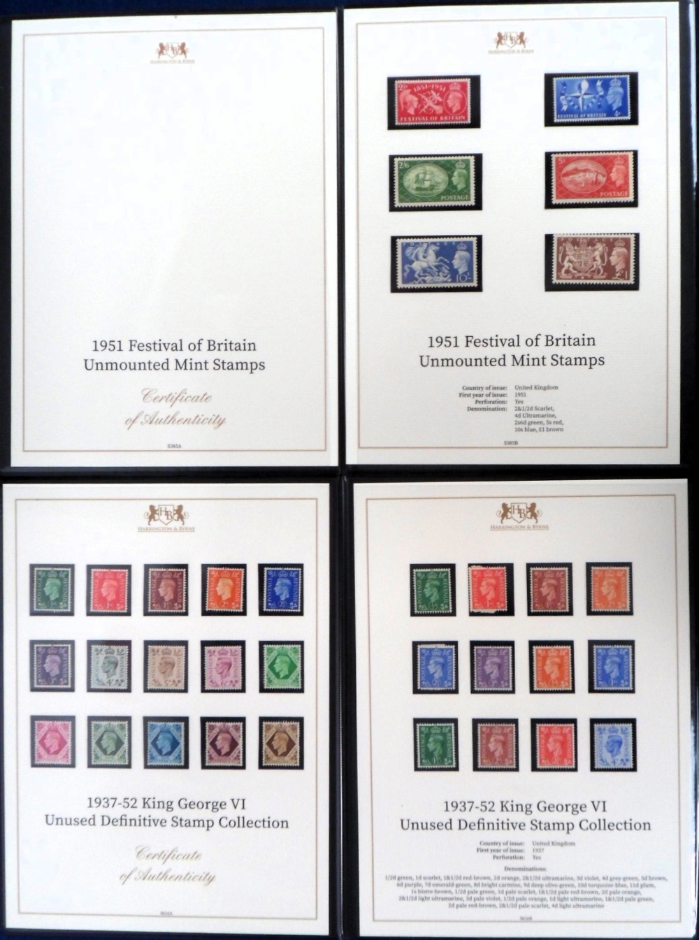 Stamps, GB KGVI 1937 mint definitive stamp collection, 1948 Royal Wedding set mint and 1951 Festival