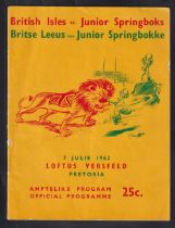 Rugby programme, Junior Springboks v British Lions 7 July, 1962, official match programme for