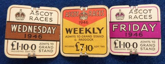 Horse Racing Badges, Royal Ascot, three different Royal Ascot Grand Stand badges for 1946, each