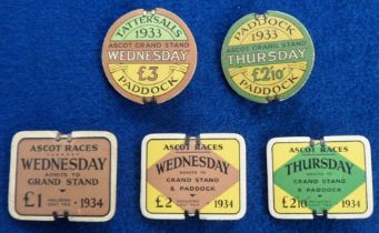 Horse Racing Badges, Royal Ascot, five different Royal Ascot Grand Stand badges, two for 1933,