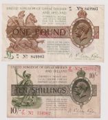 Bank Notes, N.F. Warren Fisher (1919-1928), 2 notes to comprise One Pound and Ten Shillings