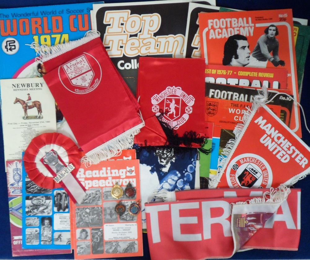 Football etc, selection of items inc. Manchester United & Arsenal silk scarves, a Manchester