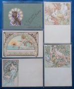 Postcards, Art Nouveau, 5 cards illustrated by Alphonse Mucha, all featuring beautiful ladies, 1