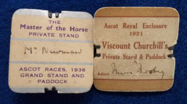 Horse Racing Badges, Royal Ascot, two card badges, one Royal Enclosure Viscount Churchill's