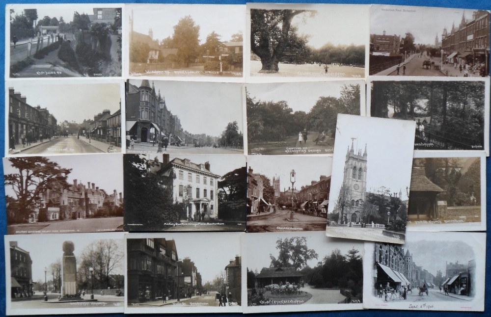 Postcards, Kent, a Beckenham Kent mix of 17 cards, with 16 RPs inc. Wickham Rd Park Langley,