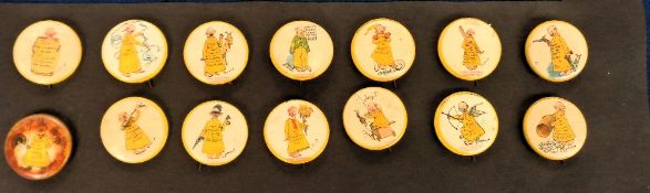 Celluloid buttons, USA, ATC, Yellow Kid Designs, 14 buttons (1 stained, rest gd) (14)