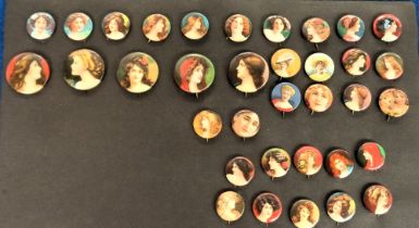 Celluloid buttons, USA, ATC, Actresses / Beauties, a collection of 35 circular buttons all with