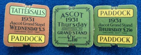 Horse Racing Badges, Royal Ascot, three different Royal Ascot Grand Stand badges for 1931, each