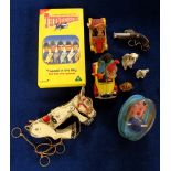 Toys, a selection of toys to include, Lesney 1950s metal painted Muffin The Mule puppet, Corgi Basil