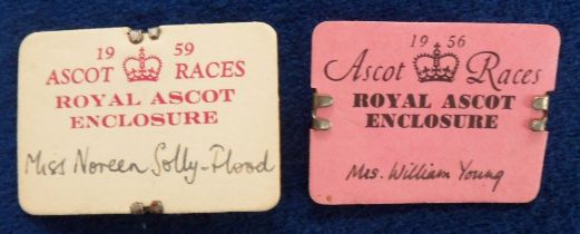 Horse Racing Badges, Royal Ascot, two Royal Enclosure card badges for 1956 & 1959, both