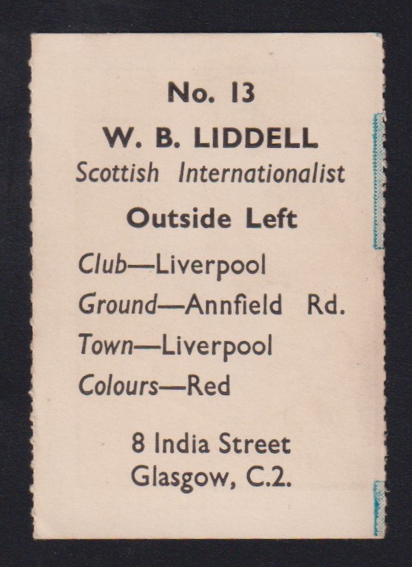 Trade card, M M Frame, Sports Stars, 'M' size, Footballer no 13, W B Liddell, artist drawn type card - Image 2 of 2