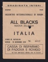 Rugby ticket, Italy v New Zealand 28 November, 1979, scarce match ticket from match played at Rovigo