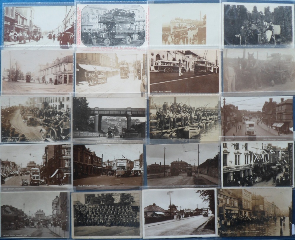 Postcards, Kent, 70+ cards showing hop pickers, street scenes, flood, 'Entertaining The Wounded at