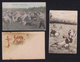 Rugby postcards, three early printed French postcards, all Rugby related, early 1900s, two