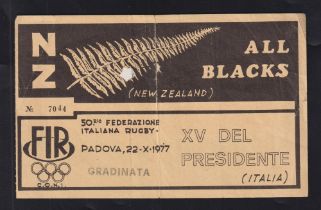 Rugby ticket, Italian President’s XV v New Zealand All Blacks, 22 October, 1977, very scarce match