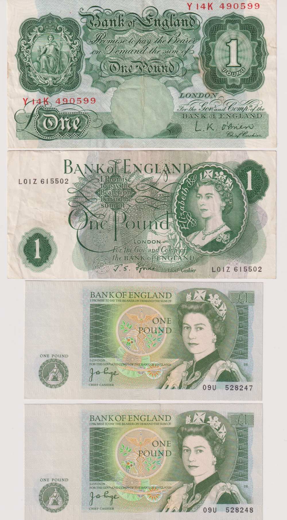 Bank Notes, 7 One Pound notes to comprise K.O. Peppiatt blue M02H, K.O. Peppiatt green K82K, R96A - Image 2 of 2