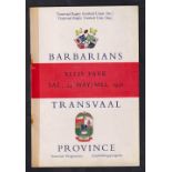 Rugby programme, Transvaal v Barbarians 24 May, 1958, official match programme for game played at