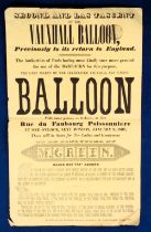 Ephemera, Hot Air Balloon poster dated January 9th 1837, 'Second and Last Ascent of the Vauxhall