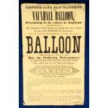 Ephemera, Hot Air Balloon poster dated January 9th 1837, 'Second and Last Ascent of the Vauxhall