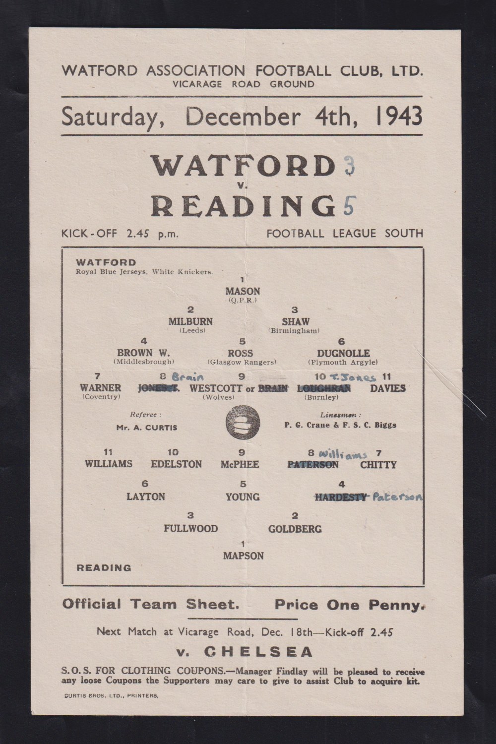 Football programme, Watford v Reading, 4 December, 1943, Football League South (single sheet, tc,