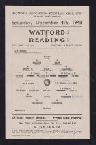 Football programme, Watford v Reading, 4 December, 1943, Football League South (single sheet, tc,