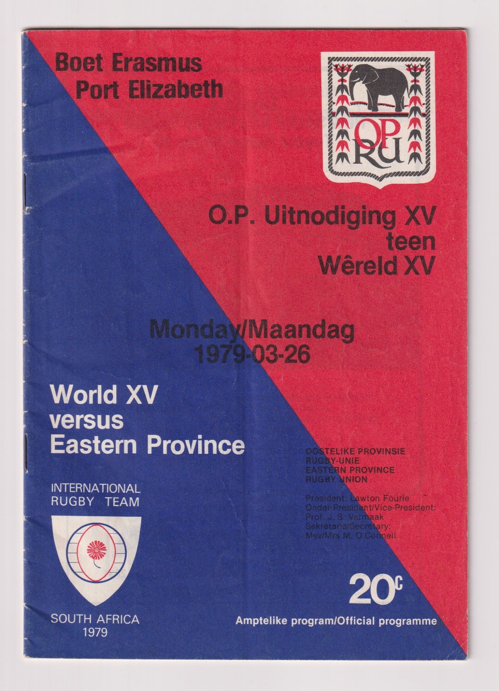 Rugby programme, Eastern Province (South Africa) v World XV 26 March, 1979, match programme for game