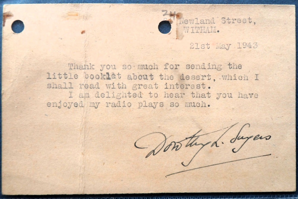 Autograph, a postal stationery card, posted 22 May 1943 with typed note thanking the writer for a