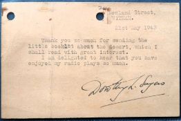 Autograph, a postal stationery card, posted 22 May 1943 with typed note thanking the writer for a