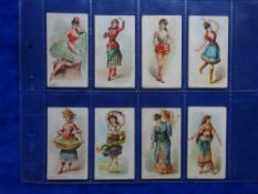 Cigarette cards, Kimball Dancing Women, 8 cards Cuban, English, Austrian, Polish, Rococo French,