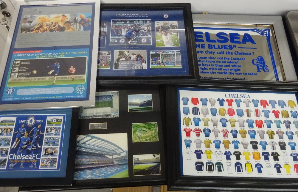 Football collectables, Chelsea FC, 6 framed and glazed items including large Mirror, Poster of