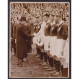 Football press photo, a b/w press photo showing the Arsenal team being presented to the King prior