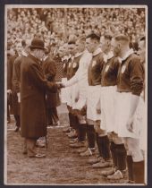 Football press photo, a b/w press photo showing the Arsenal team being presented to the King prior