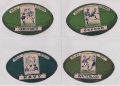 Trade cards, Baines, Rugby, 8 ball shaped shields, all Green Backgrounds Hemsworth, Oxford,