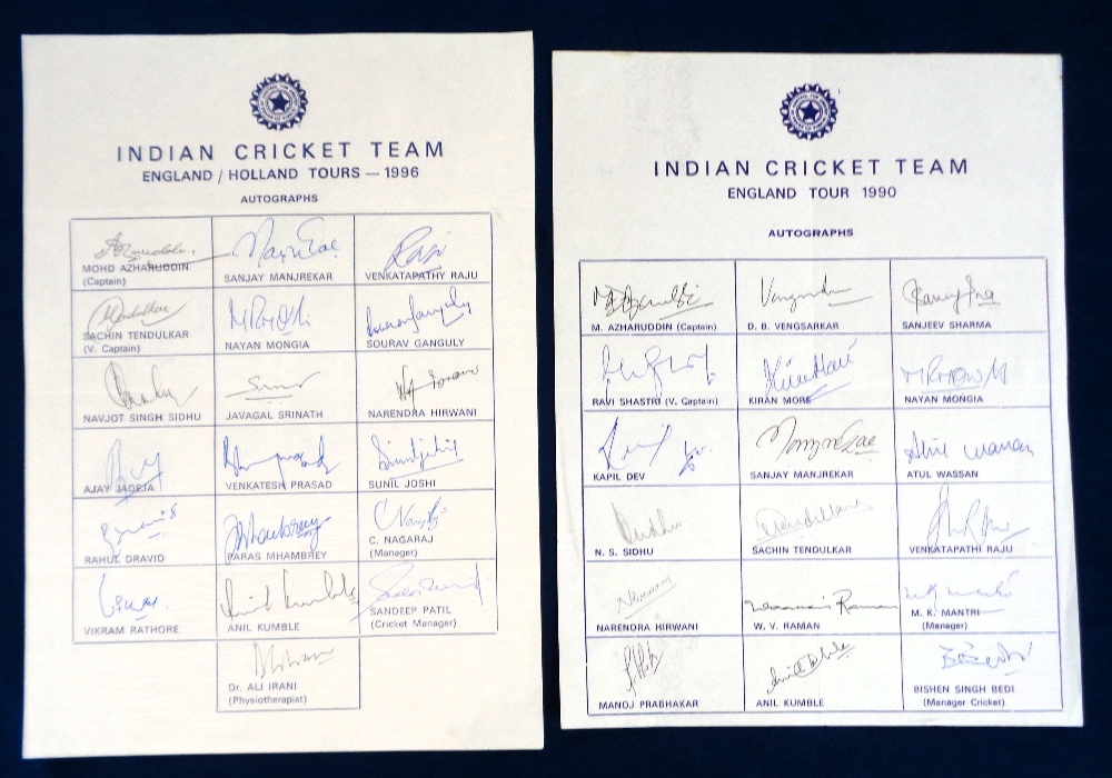 Cricket autographs, India, two Indian Touring Sheets both complete with original signatures for